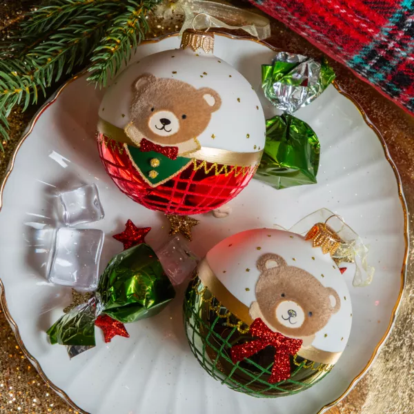Lot de 6 boules de Noël en verre (D80 mm) Petit Ourson Vert et rouge