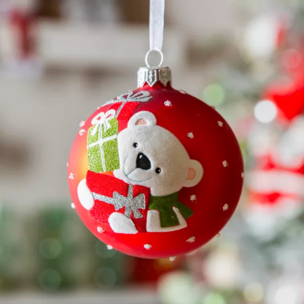 Lot de 6 boules de Noël en verre (D80 mm) Ourson et cadeaux Rouge