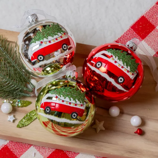 Lot de 6 boules de No�l en verre (D80 mm) Mini bus et Sapins