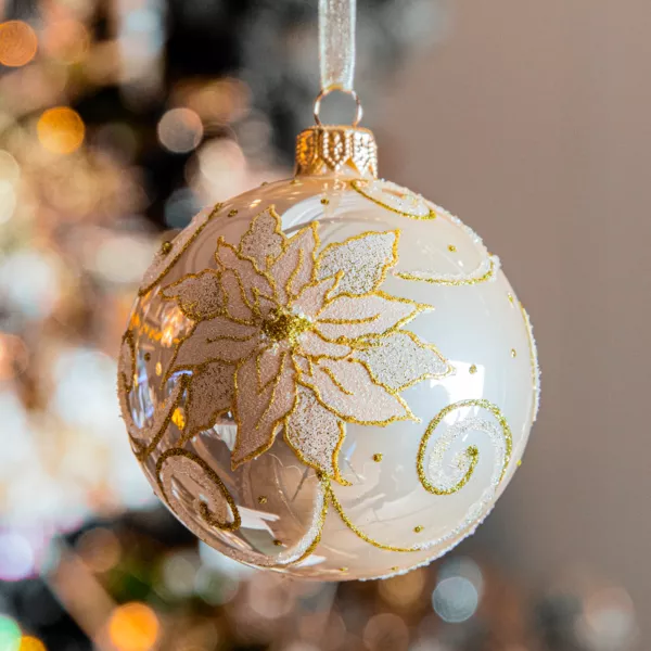 6er Set Weihnachtskugeln aus Glas (D80 mm) Poinsettia Perlwei
