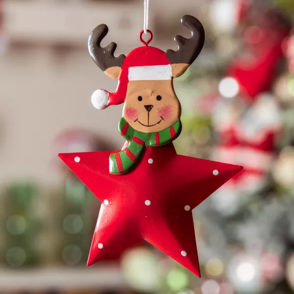 Reno de Navidad para colgar en metal (H12 cm) Estrella y puntos Rojo