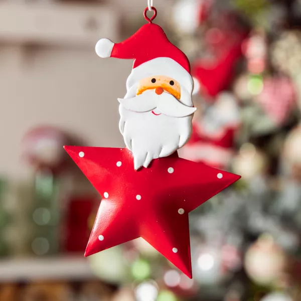 Papá Noel para colgar en metal (H12 cm) Estrella y puntos Rojo
