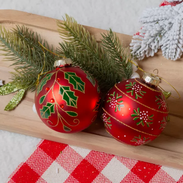 Lote de 12 bolas de Navidad de vidrio (D80 mm) Holly Rojo