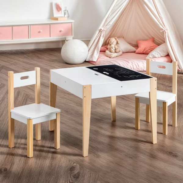 Tafel en 2 houten kinderstoelen met bord (H49,5 cm) Charlie Wit