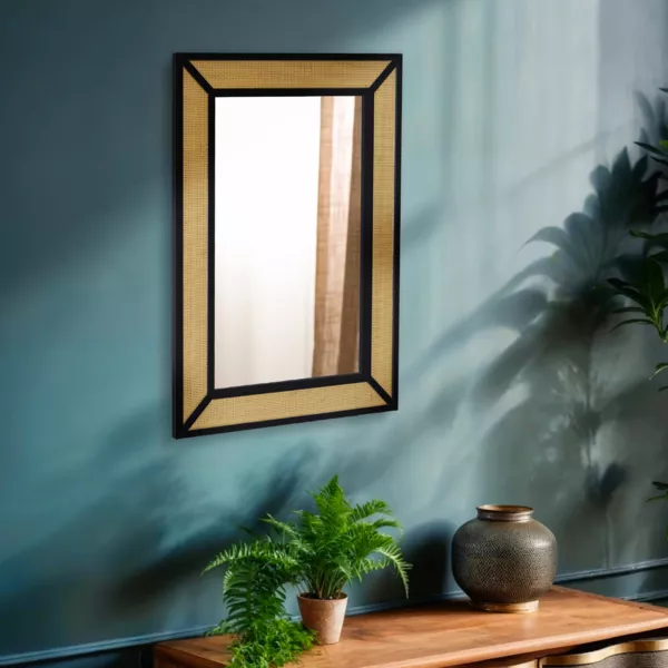 Miroir mural en métal (H101 cm) Cannage Naturel et noir