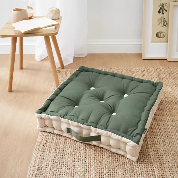 Coussin de sol carré coton (50 x 50 cm) Pixel Bicolore Vert kaki / beige