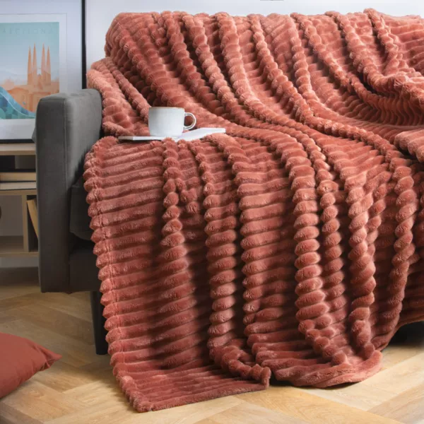 Jeté De Canapé Plaid En Wax Et Polaire, Orange/rouge/gris, Motifs Fleuris (neuf)