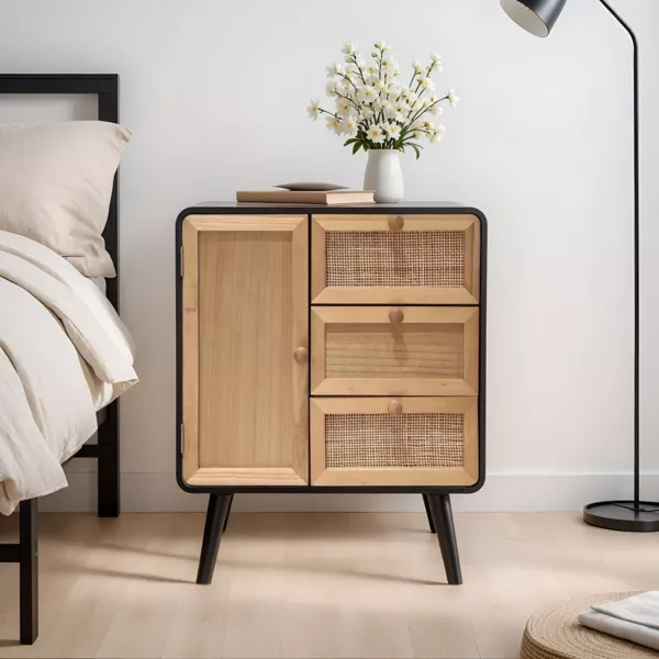 Beistelltisch aus Holz und Geflecht (H60 cm) Osaka Schwarz und Holz