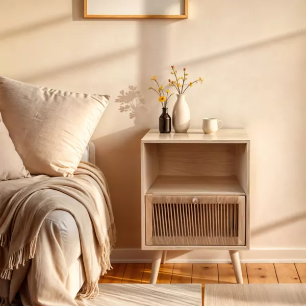 Sengebord i træ og hampereb (H55 cm) Manille niche Beige