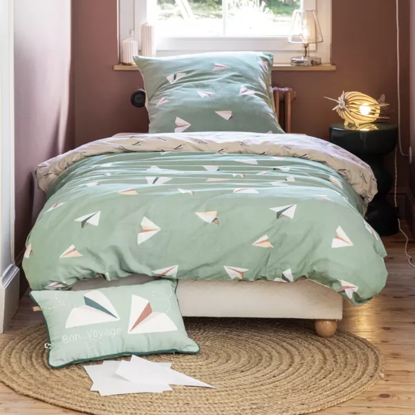 Funda nórdica y dos fundas de almohada infantil de algodón (200 x 200 cm) Petits papiers Verde