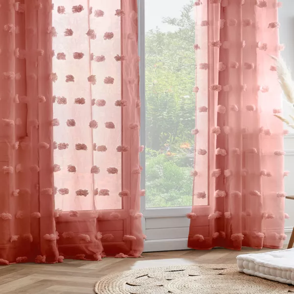 Vitrage met ringen en pompons (140 x 280 cm) Suzie Terracotta