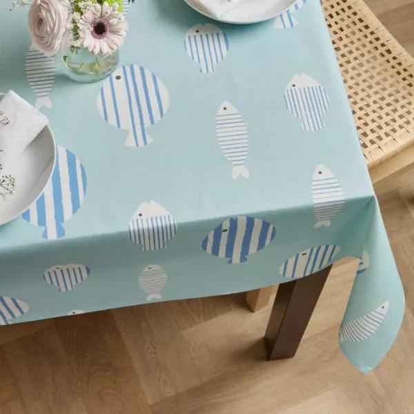 Nappe rectangulaire coton enduit (150 x 350 cm) Fish Bleue