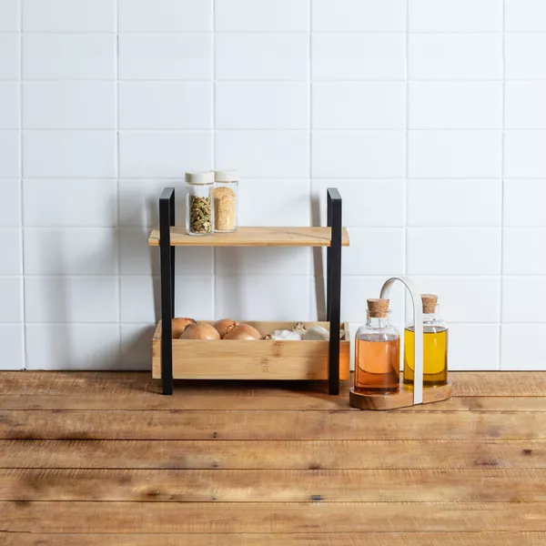 Estantería de cocina de madera de 2 niveles con bandeja (H30 cm) Ordera Negro