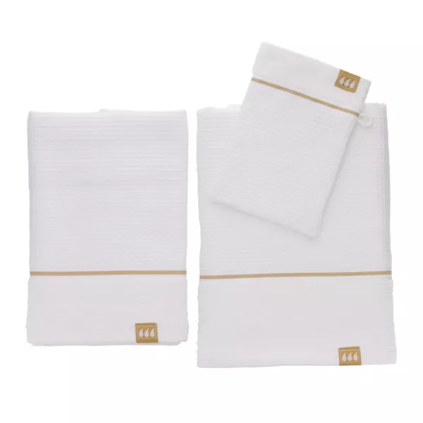 St med badehndklder 50x90 cm + 70x130 cm + 1 vaskeklud Japandi Hvid og guld