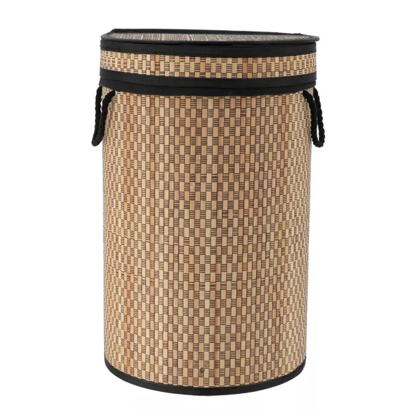 Panier à linge rond et pliable (H55 cm) Damier Noir et naturel