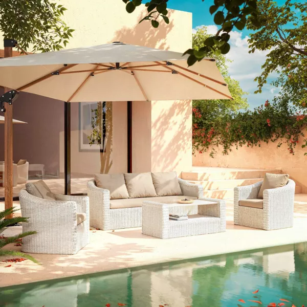 Loungeset van gevlochten hars 5 zitplaatsen 4 delig Calvi Wit en Taupe