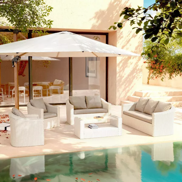 Salon de jardin en rsine tresse 7 places 5 pcs Calvi Blanc et taupe