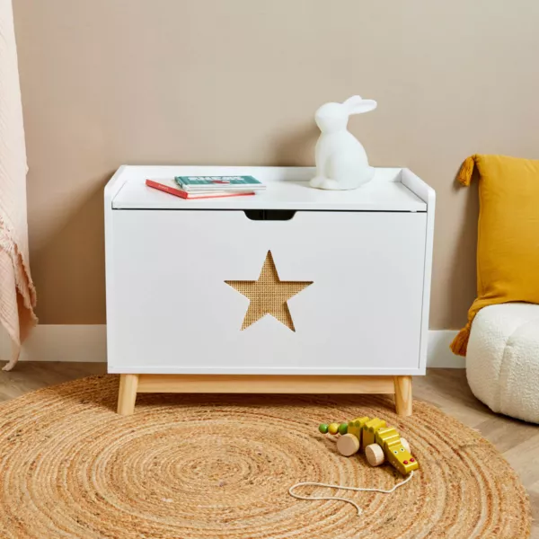 Bal para juguetes con tapa de madera para nios (H51 cm) Stars Blanco