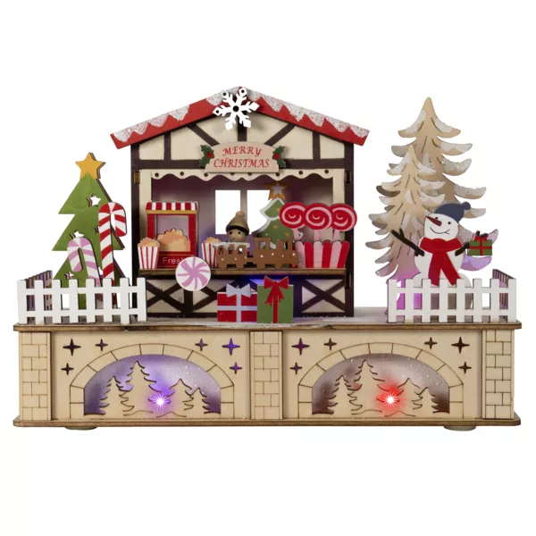 Houten Kerstdorp met licht op batterijen/USB (25 x H18 cm) Kleurrijke Lekkernijen