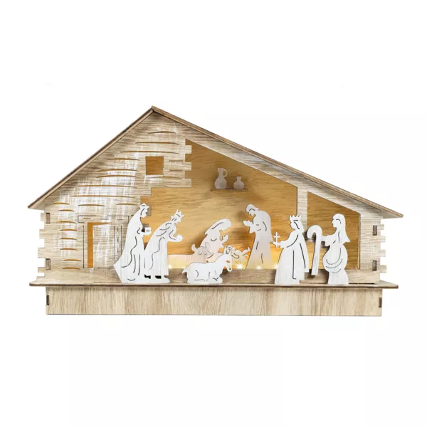 Crèche de Noël complète et lumineuse en bois (H17 cm) Sainte-Augusta
