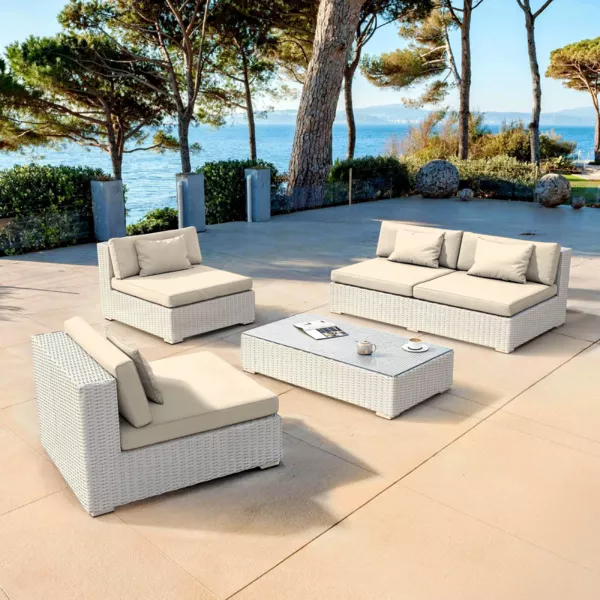 Loungeset van gevlochten hars 4 zitplaatsen 4 delig Palma Wit en beige