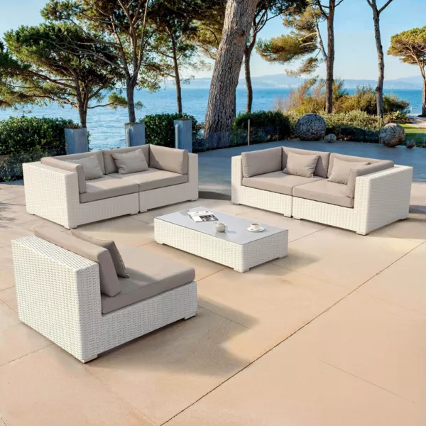 Loungeset van gevlochten hars 5 zitplaatsen 6 delig Palma Wit en taupe