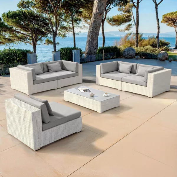 Salon de jardin en résine tressée 5 places 6 pcs Palma Blanc et gris