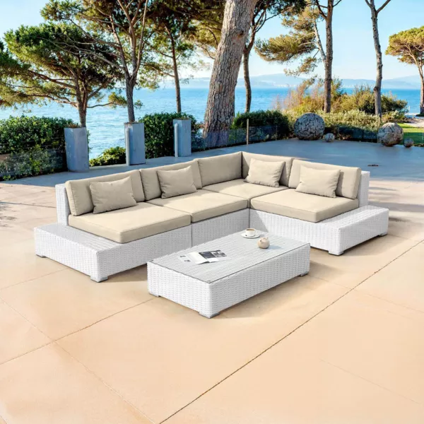 Conjunto de jardín esquinero de resina trenzada 5 plazas Palma Blanco y beige