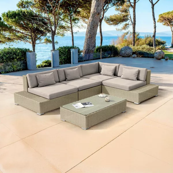 Loungeset hoekmodel van gevlochten hars 5 zitplaatsen Palma Grijs en taupe