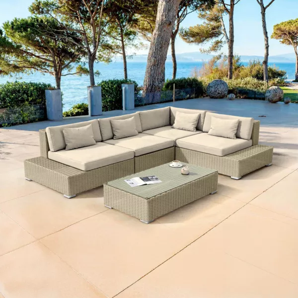 Conjunto de jardín esquinero de resina trenzada 5 plazas Palma Gris y beige