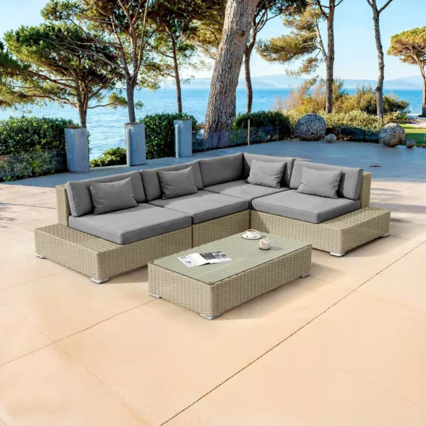 Loungeset hoekmodel van gevlochten hars 5 zitplaatsen Palma Grijs en antraciet