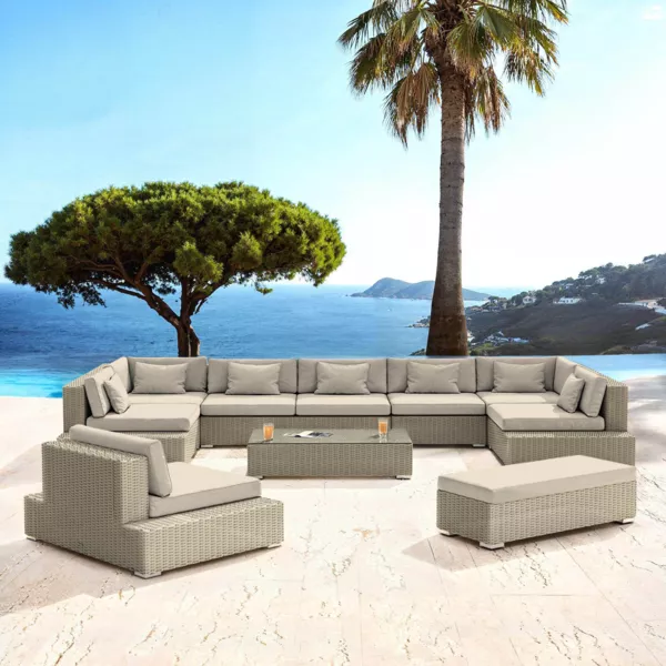 Conjunto de jardín de resina trenzada 9 plazas 9 pzas Palma Gris y beige