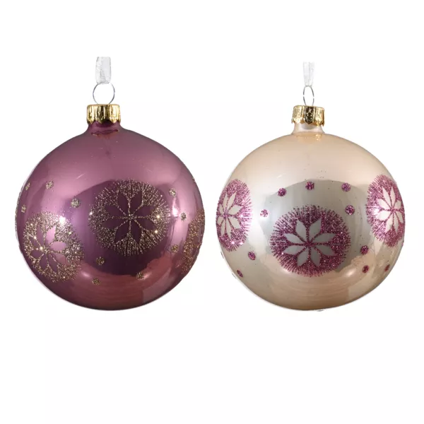 Lot de 6 boules de Nol en verre (D80 mm) Mdaillon de neige Rose et perle