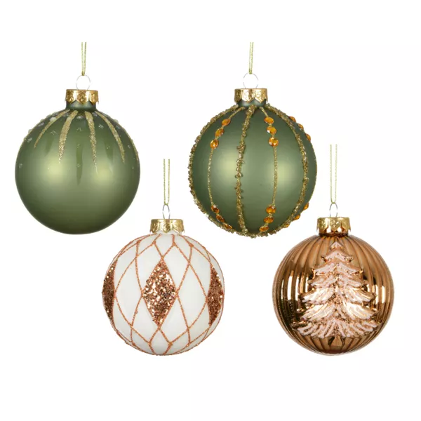 Lot de 12 boules de Noël en verre (D80 mm) Shine Glam Cognac et Vert