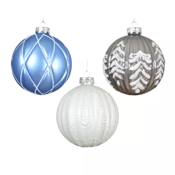 Lot de 12 boules de Noël en verre (D100 mm) Rêverie Bleu ciel, blanc et gris