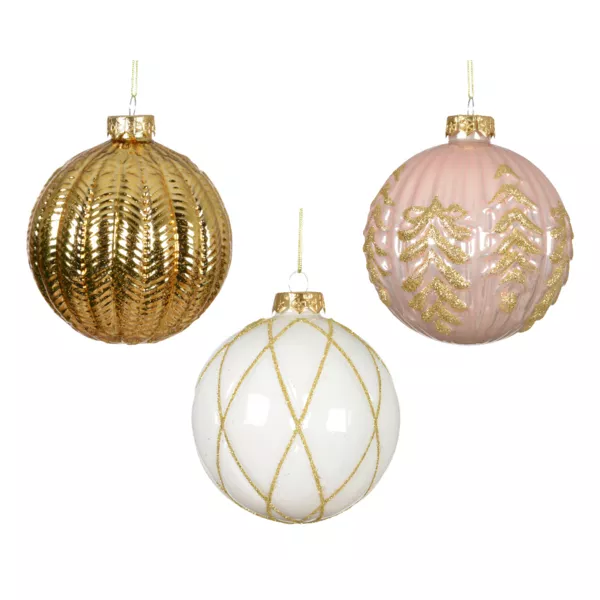 Lot de 12 boules de Noël en verre (D100 mm) Rêverie Or, rose et blanc