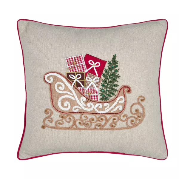 Coussin de Nol carr brod (45 x 45 cm) Traineau Beige