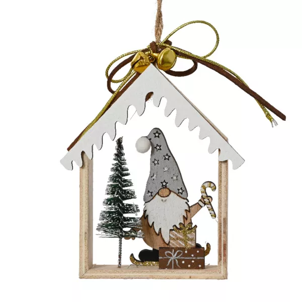 Suspension de Noël en bois (H11 cm) Maison du Père Noël Gris