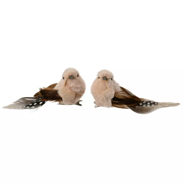 Lot de 2 Oiseaux sur pince (L12 cm) Plume nature Marron et crème