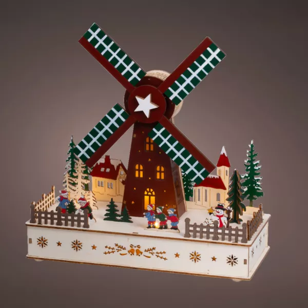 Pueblo de Navidad luminoso, animado y musical a pilas en madera (H29 cm) Molino de viento