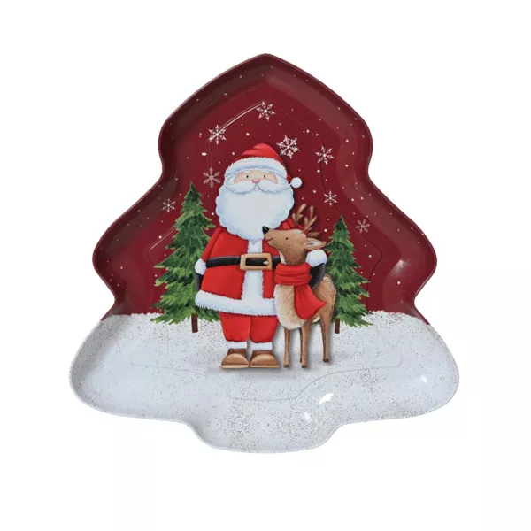 Assiette décorative (25 x 25 cm) Père Noël et son renne Rouge
