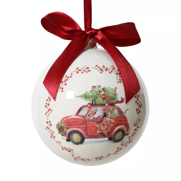 Boule de Noël (D100 mm) Noeud rouge Voiture du Père Noël Blanc