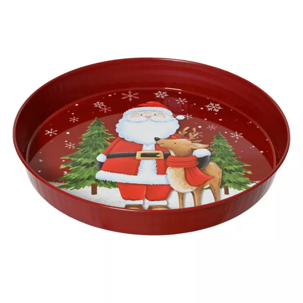 Decoratief rond bord (D25 cm) Kerstman en zijn rendier Rood en wit