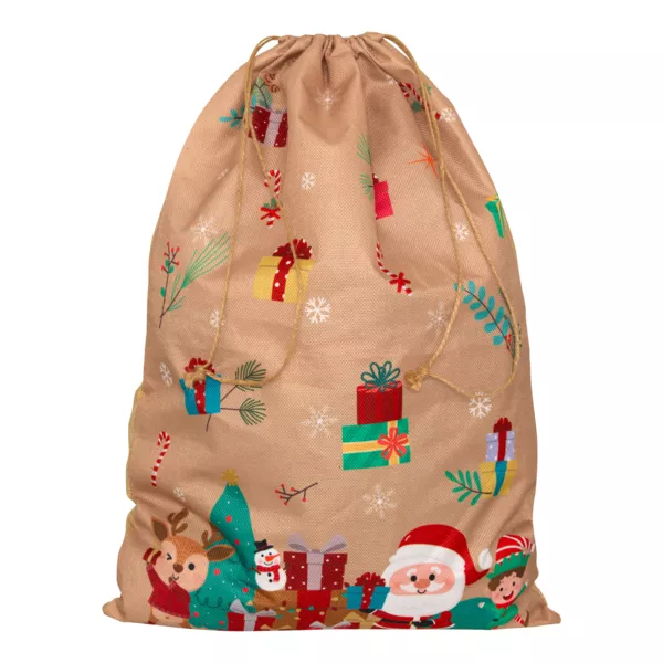 Sac cadeau en jute (H70 cm) Lutin et Père Noël Beige