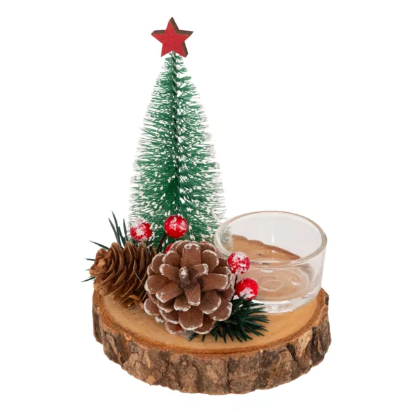 Bougeoir photophore en bois et verre Rondin de bois et sapin