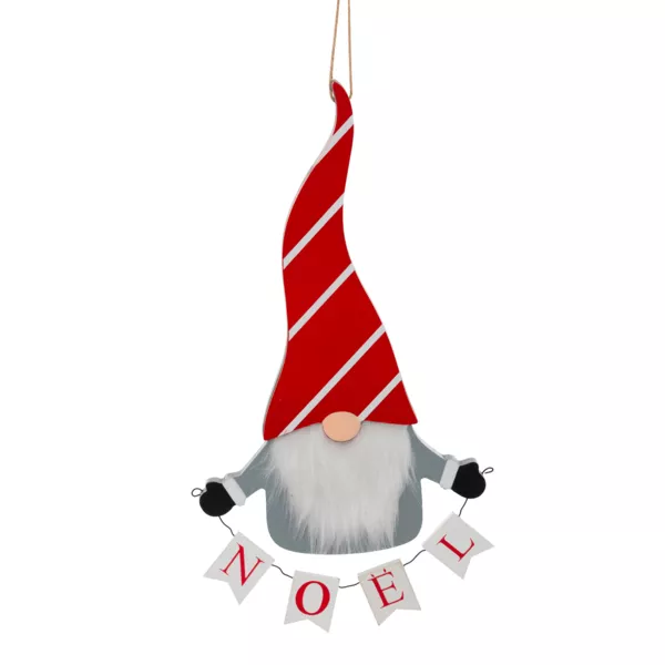 Houten Kerstophanging (H32 cm) Vrolijke Kerst Kabouter in grijs