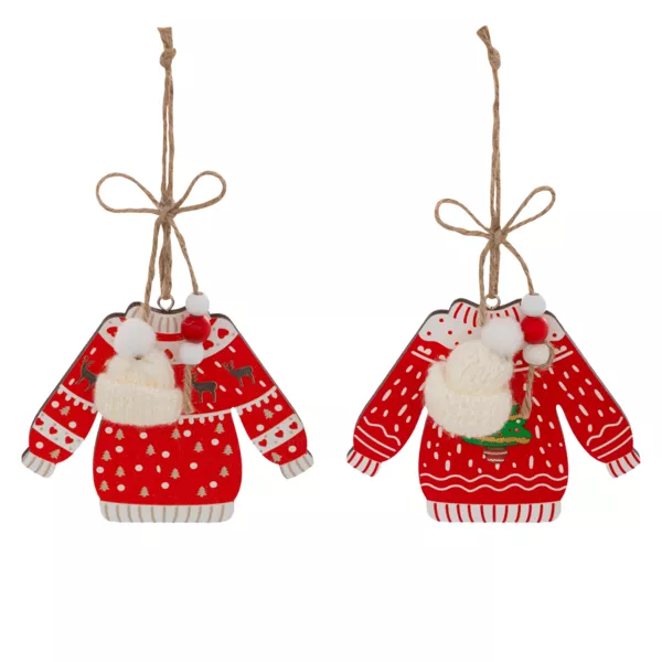 Set van 2 houten hangdecoraties (H12 cm) Kersttrui Rood en wit