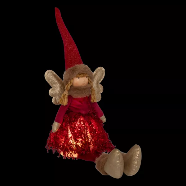 Ange de No�l lumineux � piles (H55 cm) F�e clair de lune assise Rouge