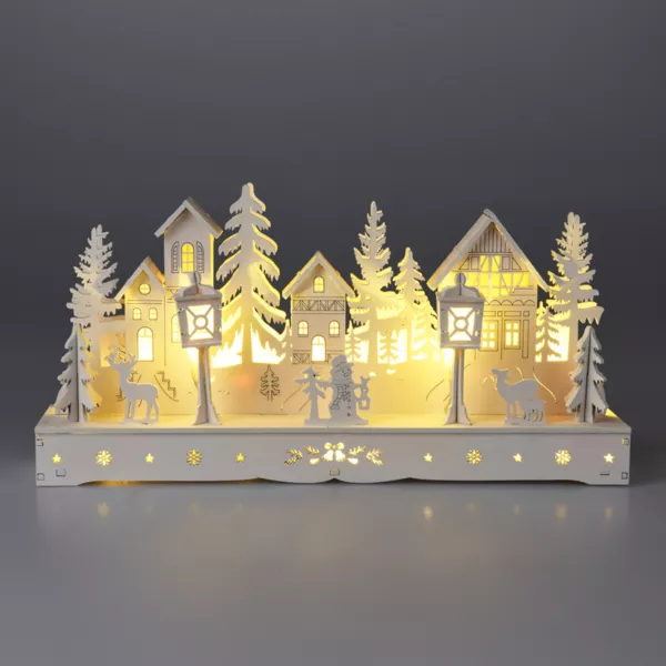 Pueblo de Navidad luminoso de madera a pilas (29 x H14 cm) Plaza encantada Blanco