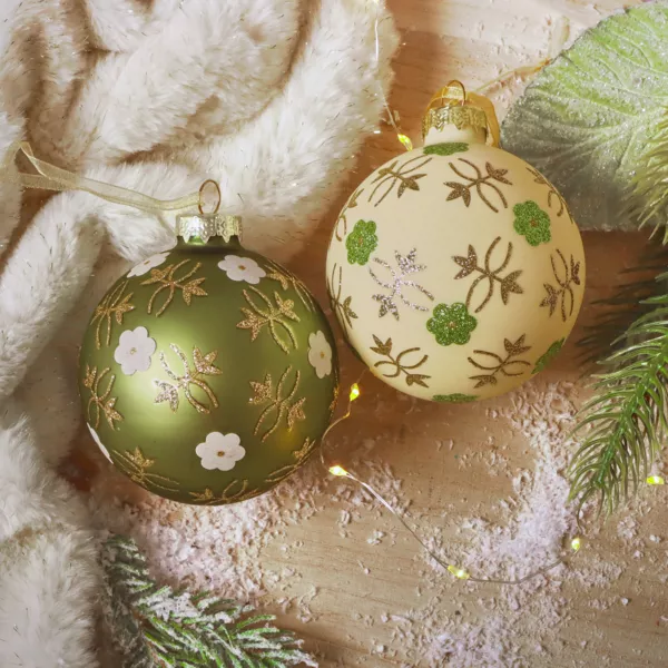 Set di 12 palline di Natale in vetro (D80 mm) Fiori Natura Verde matcha e bianco